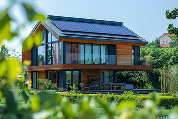 Experience beauty of an eco friendly modern house that embraces green energy renewable power concept, enhanced by innovative use of AI technology    