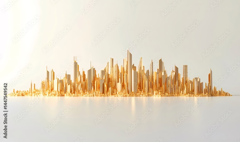 Poster 黄金色の都市モデル 白い背景にそびえ立つ建物の3Dレンダリング 抽象的なデザインと幾何学的な形状 光と影の表現 ビジネスや未来的なコンセプトのイメージ