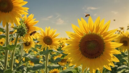 Fototapeta premium A honeybee gathers pollen on a vibrant sunflower, surrounded by a sea of golden blooms , macro, photography, rural