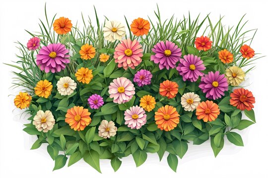 Detailed Top View of Zinnia Flower Bed Surrounded by Delicate Grasses