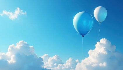 Blue and white balloons ascend, fluffy clouds drift lazily , element, asset, atmosphere