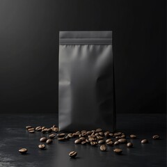 A coffee packaging mockup featuring a black bag and scattered beans on a dark surface for marketing