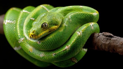 Fototapeta premium Emerald Tree Boa Coiled on Branch, Close-up