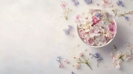 Elegant flat lay of delicate pink and white rose and hydrangea petals in a small shallow bowl surrounded by scattered flowers on a light textured background  
