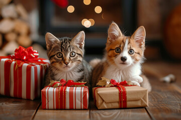 AI generative technology creates adorable Christmas themed images of cute cats and dog puppies with gift boxes on wooden floor  