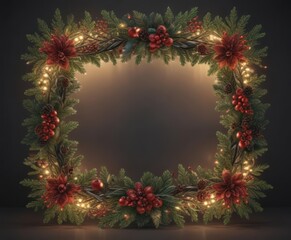 Intricate Christmas border with interwoven conifer branches, glowing lights, and berries , winter, xmas