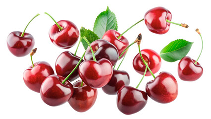 Ripe, juicy cherries, suspended in mid-air, showcasing their vibrant red hue.Isolated on Transparent Background, No Background. 