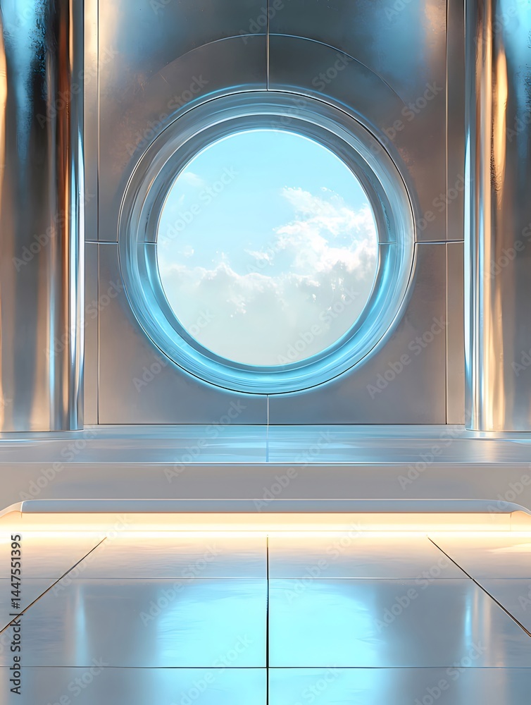 Poster 未来的な建築の丸窓から見える青空と白い雲 メタリックな柱と床の輝きのある空間