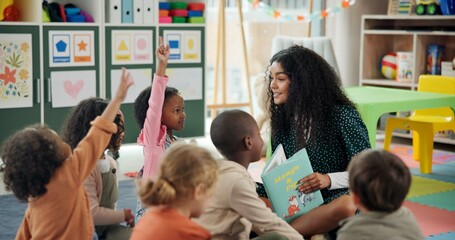 Reading, question and teacher with children in classroom for education, books and creative. Growth,...