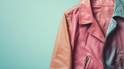Close-up of a stylish two-tone leather jacket with a zipper and lapel details, set against a minimalist pastel background perfect for fashion and clothing photography