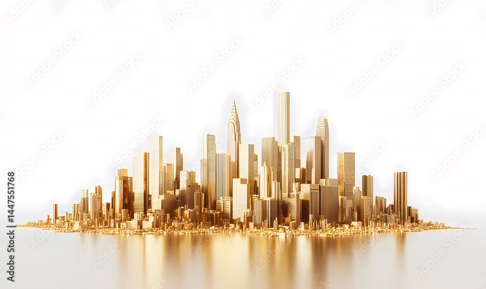 Aufkleber 黄金の都市景観 光り輝くメタリックな建造物 白い背景に浮かび上がる未来的な都市のミニチュア