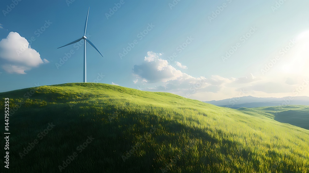 Poster 緑豊かな丘の上の風力発電所と青空 夏の日の太陽光で照らされた風景