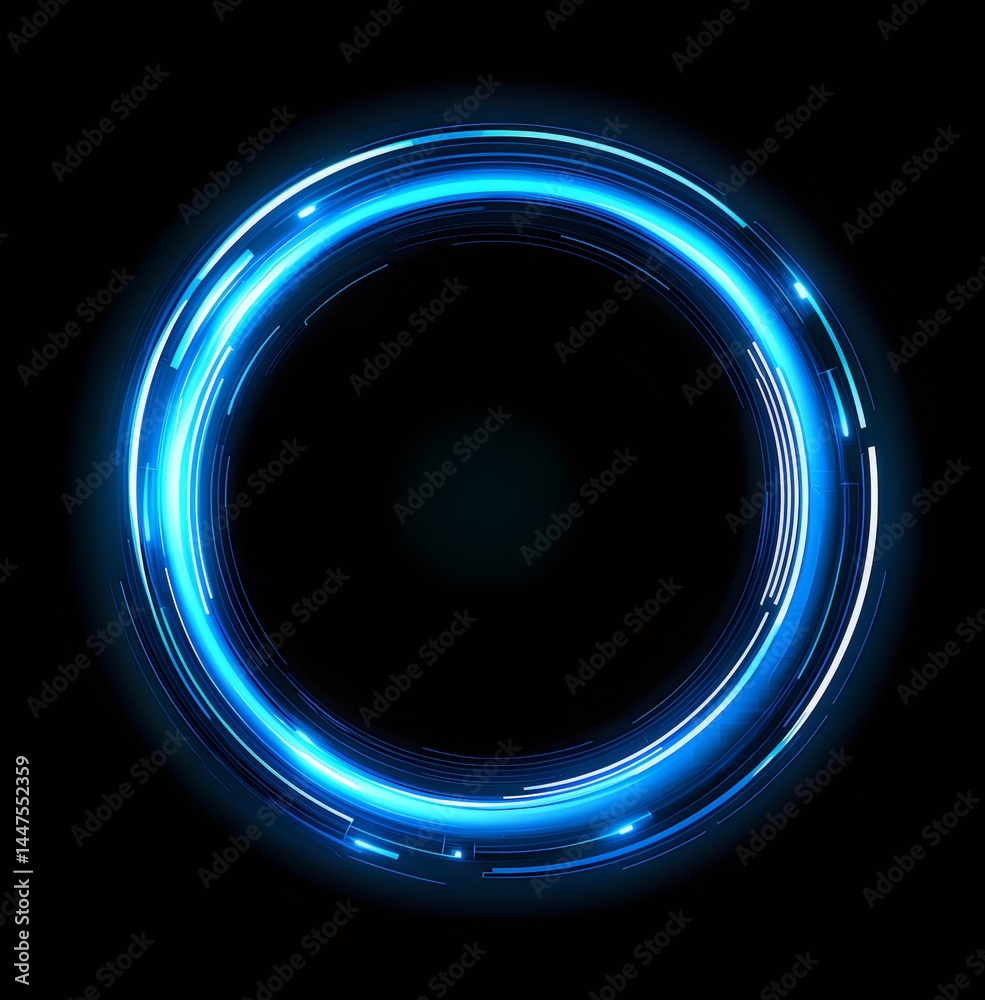 Aufkleber 青色発光リング状のデザイン 黒背景に輝く光輪 未来的な抽象的要素