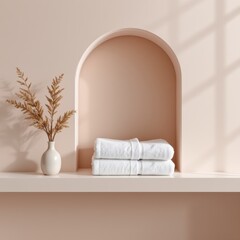 Clean White Towels in Niche with Dried Flowers