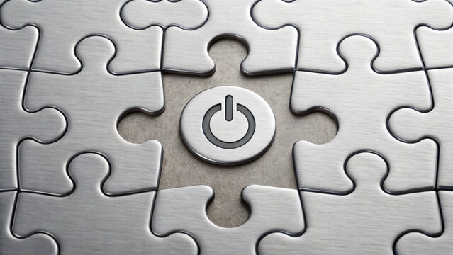Metallic puzzle with missing piece revealing power button symbol, representing technology, connection, and high fidelity concepts in sleek design