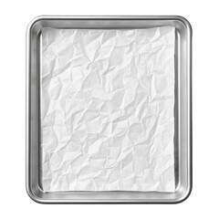 Shiny metallic rectangular baking sheet lined with wrinkled white parchment paper, awaiting delicious culinary creations.