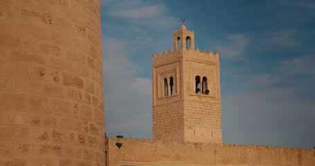 Tower of great Moslem Mosque on fortress Ribat in Monastir. Ribat of Monastir protective walls and the tower.
