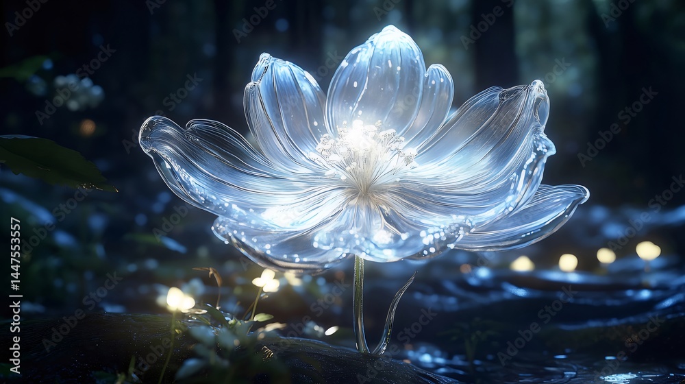 Poster 暗闇の中で輝く幻想的な光の花 青白い光と透明感のある神秘的なイメージ 緑の森と水面 背景のぼかし