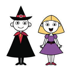 Two girls dressed up: one as a spooky witch with a pointed hat and flowing robes, the other as a vampire with fangs, a dark cape, and a mysterious glare.