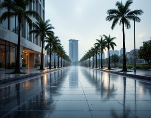 Obraz premium Urban Avenue with Palm Trees after Rain