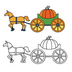 A horse-drawn carriage made of pumpkin, often seen in fairy tales, is a whimsical and magical vehicle, typically transforming from a regular pumpkin by enchantment, like in *Cinderella*.