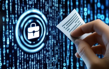 Hand holding document over digital briefcase icon, binary code background  A digital document is being accessed or retrieved  Security and data concept