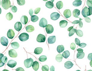 Obraz premium Watercolor eucalyptus leaves pattern with green foliage on transparency background, creating natural and calming design. delicate branches and leaves add organic touch