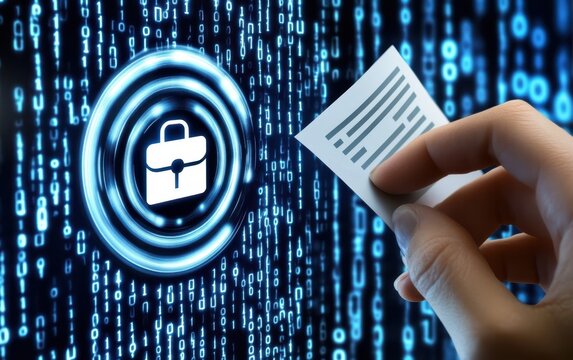 Hand holding document over digital briefcase icon, binary code background  A digital document is being accessed or retrieved  Security and data concept - Powered by Adobe