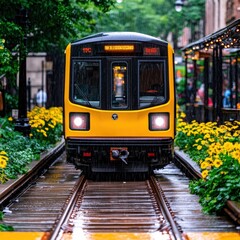 Scenic view of a train traveling through rainy weather on a gloomy day with wet landscape