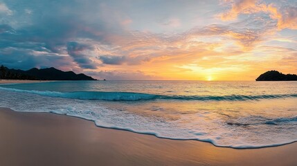 Fototapeta premium Sea ocean beach sunset sunrise landscape outdoor. Water wave with white foam. Beautiful sunset colorful sky with clouds. Natural island panoramic background. Idyllic amazing tropical island shore Pro 