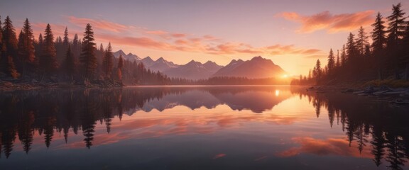 Mirror-like lake reflects a breathtaking sunset's glow ,  atmosphere,  water
