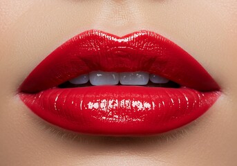 Obraz premium Close up of a woman's lips with bright red glossy lipstick and visible white teeth showing slightly