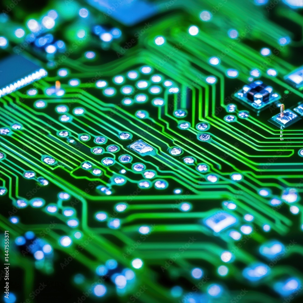 Poster intricate circuit board design with complex pathways and electronic components in close-up detail