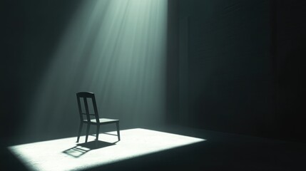A focused beam lighting a single chair in darkness, crafting a dramatic and reflective setting for emotional photography