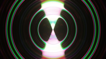 Neon light creates a pulsating symmetrical shape with chromatic aberration, resembling an eye or an energy field, perfect for visual effects or abstract backgrounds