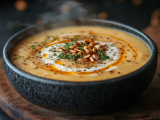 Rustic bowl of pumpkin soup, swirl of cream, roasted pumpkin seeds garnish