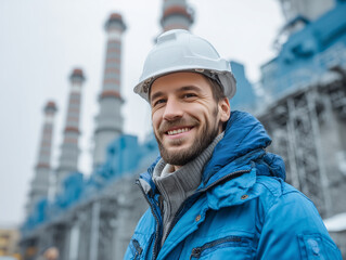 young man hard hat smiles confidently industrial site, showcasing his professionalism and dedication to safety. background features tall smokestacks and machinery, emphasizing industrial