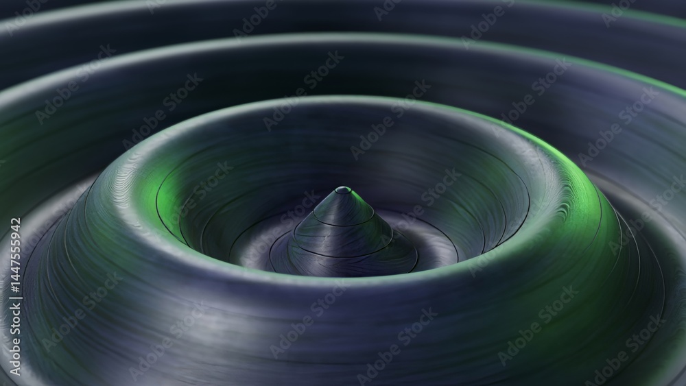 Poster concentric metallic rings pulsating with subtle green luminescence, creating mesmerizing visual rhyt