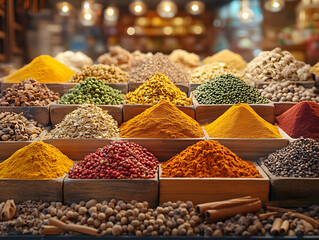 Vibrant spice market stall with pyramids of colorful spices
