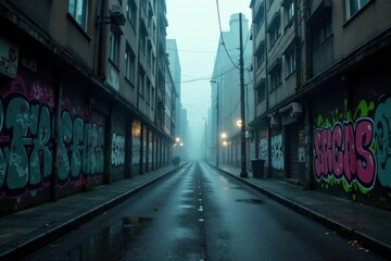Fototapeta premium Moody cityscape with graffiti walls and foggy atmosphere, abstracted architecture, urban decay, grunge cityscape