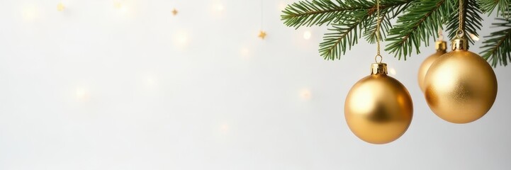 Elegant gold Christmas ornaments hanging against a pure white background , isolated background, backdrop, christmas