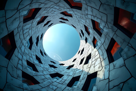 Futuristic Vortex Architecture with Hexagonal Panels and Bioluminescent Facade