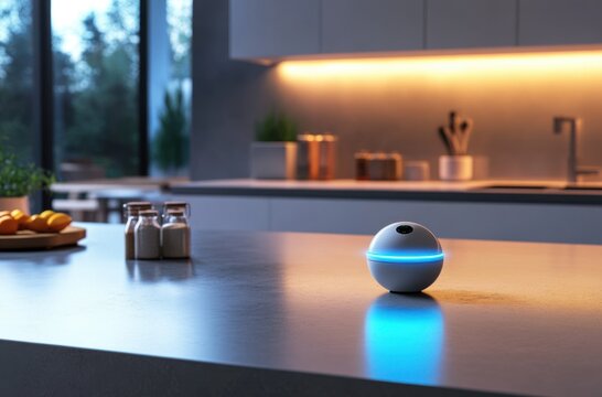 A detailed shot of a smart home device on a kitchen counter,