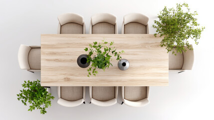 Wooden dining table with light beige chairs and greenery.  Overhead view of a minimalist dining set.  Plants and vases on the table