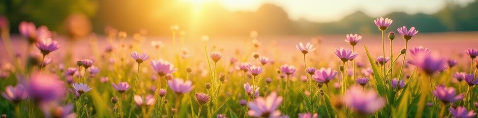 Sun-drenched field, a profusion of delicate pink & purple blooms , landscape, pastel