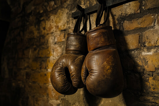 Vintage leather boxing gloves hanging on a hook against an old brick wall in a dimly lit rustic boxing gym, evoking strength, tradition, and the spirit of classic sports