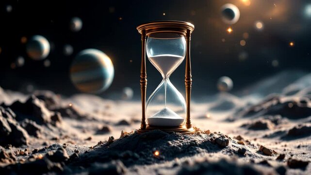 Surreal Hourglass on Lunar Surface with Planets and Stars Cosmic Scene of Time and Sand in Space