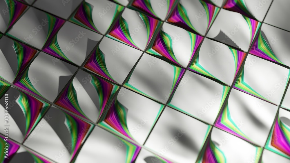 Poster thin sheets of colorful paper are folded and arranged on white tiles, creating an abstract and visua