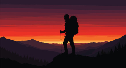 Obraz premium Silhouette of Hiker at Sunset