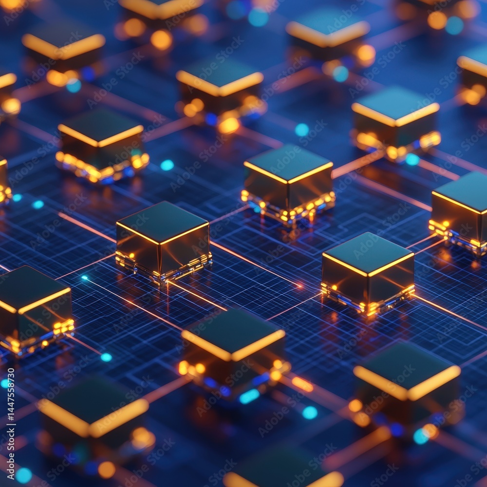 Poster detailed image of a computer circuit featuring numerous cubes representing data processing units